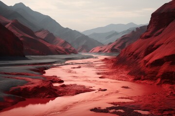 Wall Mural - Serene Red fantasy river landscape. Cosmos moon. Generate Ai