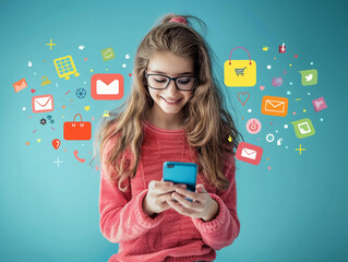 Generation Z girl looking at a smartphone with a joyful expression, e-commerce icons and shopping apps flying around 