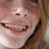 Fototapeta  - Gros plan sur un appareil dentaire et la bouche d'une jeune fille adolescente avec des soins apporté par un orthodontiste