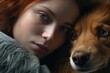 © Fotograf - A woman with red hair walking with her brown dog. Suitable for pet lovers and outdoor activities