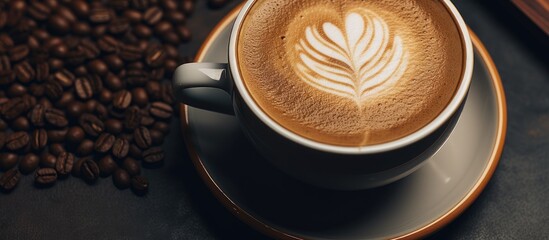 Canvas Print - A coffee cup filled with cappuccino sits on a saucer beside a pile of coffee beans, perfect for enjoying a warm and flavorful espresso drink