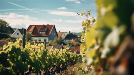 Vineyard with houses in the background, ideal for wine industry promotions