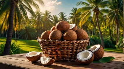 Poster - Ripe coconuts in a basket