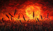 Fiery glow envelops wheat stalks a stark contrast of life and peril uniquely rendered