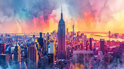 Wall Mural - Watercolor touristic postcard, view of Empire State Buildin