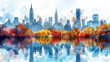 Watercolor touristic postcard, view of Central Park