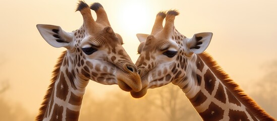 Poster - Two Giraffa Giraffidae are nuzzling each other, touching their long necks and looking into each others eyes. They stand in a vast landscape, embodying the beauty of terrestrial animals