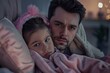 © JovialFox - man take care of little ill daughter. Sick child lying on bed under blanket, with worried. single dad taking care of sick daughter at home. child has a high fever. covers on the couch and ill