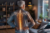 Fototapeta Kuchnia - Pain concept - senior man suffering from back pain at home, pain is visualized as glowing spine