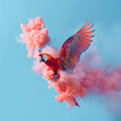 rainbow lorikeet parrot flaying with 
wings spread, in red smoke on blue background