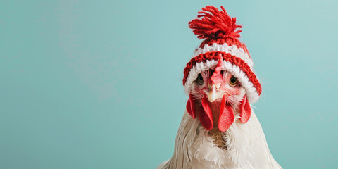 chicken with winter heat isolated on blue background with copy space, winter concept