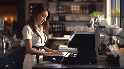 A woman standing in front of a coffee machine, perfect for coffee shop promotions