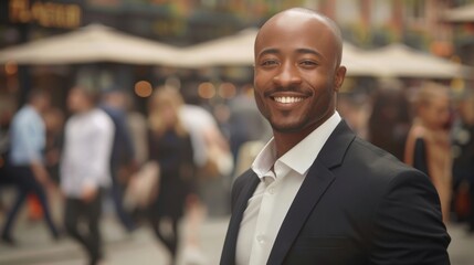 Portrait of a confident African American businessman smiling in a bustling urban street setting.