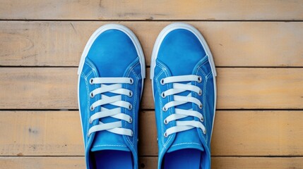 Blue sneakers placed on a wooden surface. Ideal for lifestyle or fitness concepts