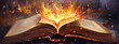 Fantasy book cover with bright flames and flying pages in 3D illustration style.