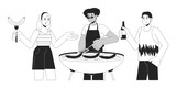 Fototapeta Dinusie - Friends cooking barbeque black and white 2D line cartoon characters. Multiracial neighbors at bbq party isolated vector outline people. Grilled food at picnic monochromatic flat spot illustration