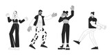 Fototapeta Dinusie - Disco party dancers group black and white 2D line cartoon characters set. Clubbers on dancefloor isolated vector outline people. Nightlife activities monochromatic flat spot illustrations collection