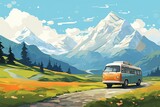 Fototapeta Londyn - A bus driving down a dirt road with a picturesque mountain in the background. Ideal for travel and transportation concepts