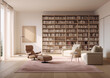 3D rendering of a modern living room interior with a large library, pink carpet and white walls in a minimalist style.