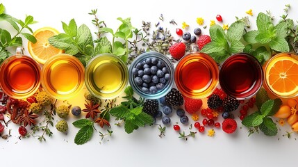 Wall Mural - Composition with different kinds of tea on white background, top view