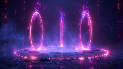 Fototapete - A realistic portal with level up and teleportation effects, futuristic lighting and bright wrap aura, glowing neon energy circles and modern vertical teleports.