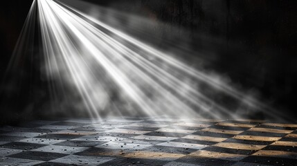 Poster - A bright white light beam is isolated on a checkered transparent background. The spotlights are used to light the scene.