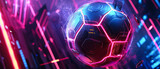 Fototapeta Sport - Soccer ball on neon, urban, futuristic background. Football, soccer illustration. Euro competition. Sport banner, mockup. Digital Euro championship. Generative ai