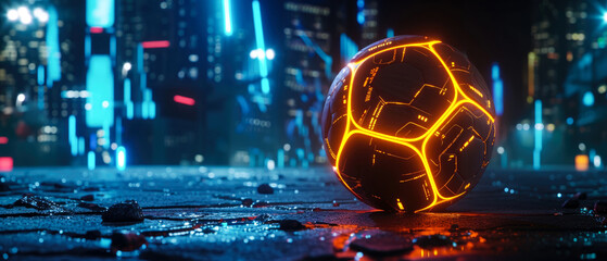 Wall Mural - Soccer ball on neon, urban, futuristic background. Football, soccer illustration. Euro competition. Sport banner, mockup. Digital Euro championship. Generative ai