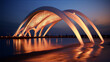 Futuristic architecture structure over water at sunset in 3d illustration