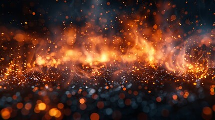 Wall Mural - A fire embers particles on a black background. A fire sparks background. Abstract dark glitter fire particles. A bonfire in motion blur.