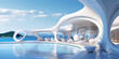 Futuristic white architecture with pool and ocean view