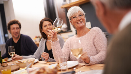 Wall Mural - Family, food and table for love in home, conversation and healthy meal or alcohol in apartment. Happy people, bonding and eating together on weekend, relax and speaking or laugh for funny humor