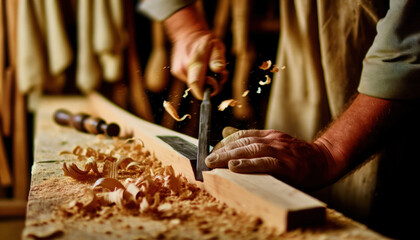 traditional woodworking. An artisan's hands are engaged in carving a piece of wood with a chisel, with wood