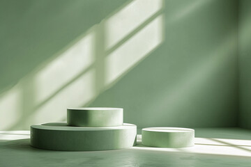 Sage green podiums with sunlight and shadow in a calm setting. Minimalist display concept for product showcasing with a natural color palette. Studio shot with copy space.