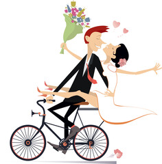 Sticker - Happy married wedding couple rides a bicycle. 
Happy lovers characters. Happy bridegroom with a bride on the hand rides a bicycle. Isolated on white background
