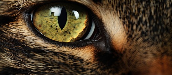 Sticker - A closeup of a Felidaes eye, showcasing a yellow pupil surrounded by a vibrant iris and whiskers. The small to mediumsized carnivore, with its furry snout, is a terrestrial animal in the wild