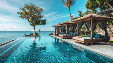 An idyllic seaside villa featuring an infinity pool lined with luxury cabanas, blending elegance and nature.