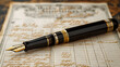 Fountain pen resting on handwritten document. Vintage style handwriting backgrounds with copy space.