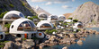 Futuristic utopian coastal community of geodesic dome homes rendered in 3D.