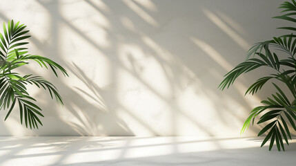 Wall Mural - Green palm branches near beige stucco wall with light and shadows. Cosmetic, products presentation.  