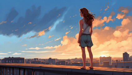 Wall Mural - Woman Looking at the Sky from the Rooftop Emotional Comic Illustration