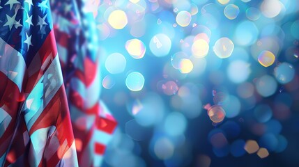 Wall Mural - Spectacular Happy Labor Day Text Over Defocused Blue Bokeh Lights Background with Patriotic American Flags