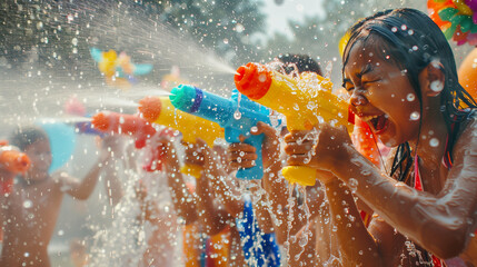 songkran day, thai culture concept, water splashing in songkran festival, children with songkran fes