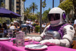 A lonely astronaut sits at a table outside a cafe wearing his space helmet, pondering the meaning of life.