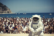 Astronaut sitting on a beach with crowd of people in the background