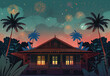 Illustration of a fireworks in a village, Malaysia, Indonesia, Asia, Hari Raya, Ramadan, Eid celebration at night, wooden house with palm tree