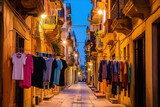 Fototapeta Uliczki - Clotheslines between buildings in a narrow street in an Italian town at night