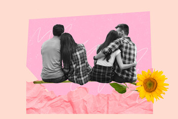 Sticker - Trend artwork sketch composite 3D photo collage of two hugs couples sit on huge sunflower 8 march spring season celebration date