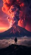 A man watching an erupting volcano. Volcano eruption with smoke and lava. Vertical orientation