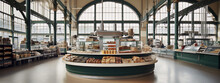 An Empty Art Deco Food Market With Large Windows And A Central Display Of Various Food Items.